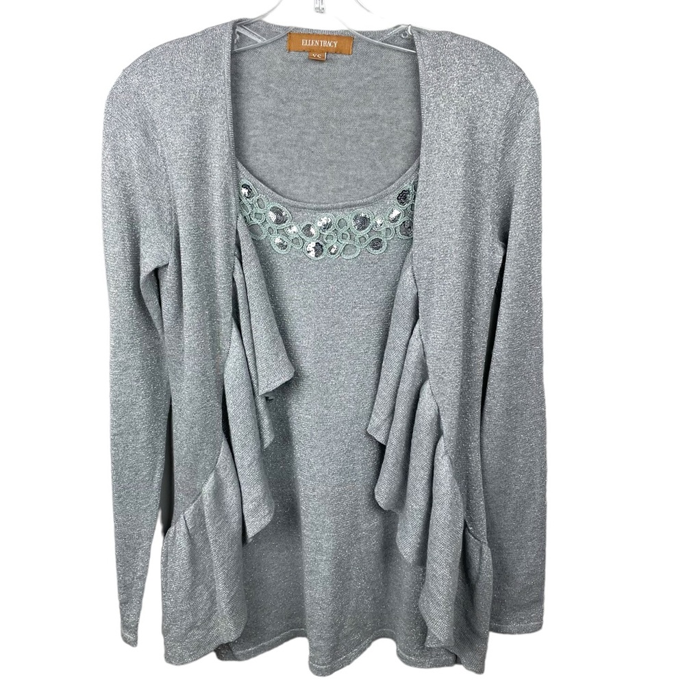 ELLEN TRACY Women’s Sparkly Metallic Longsleeve Ruffled Sweater Size XS